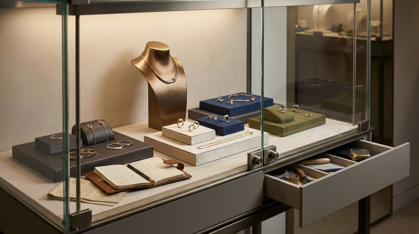 Jewelry display case showcasing necklaces, rings, and bracelets with an open notebook and tools in a drawer below.