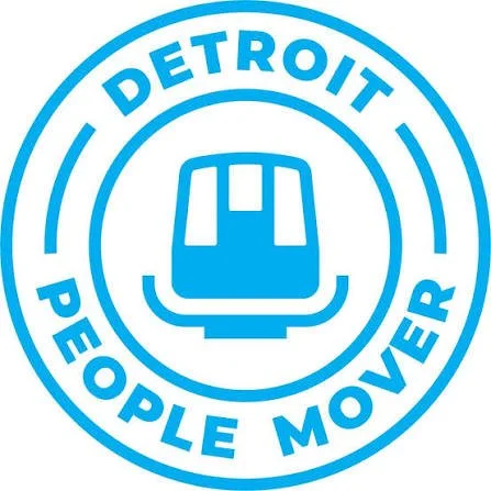 Logo of Detroit People Mover transit system with a train icon in the center and the words 'Detroit People Mover' around it.