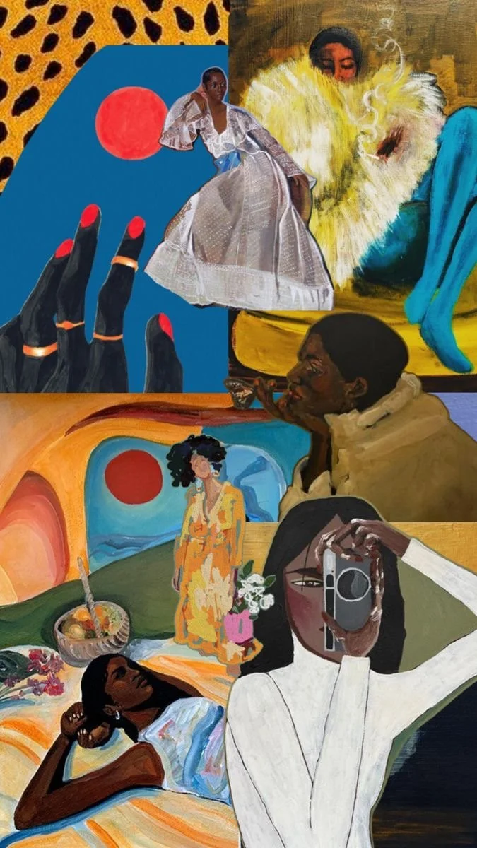 Collage of various artistic images including a woman in a dress, a person smoking, a woman in a yellow dress with flowers, a woman taking a photo, and a woman lying on a bed with a desert landscape background.