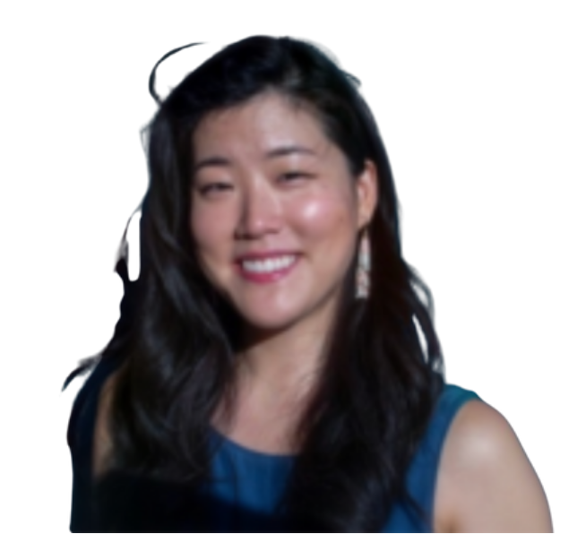 Smiling woman with black hair wearing a blue sleeveless top