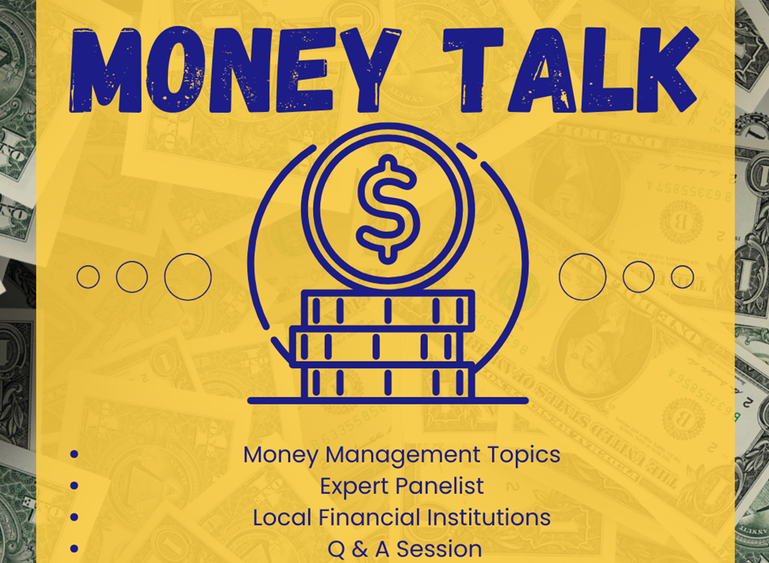 A promotional flyer for a money talk event with a yellow background, bold blue text, a dollar bill icon, and dollar bills in the background.