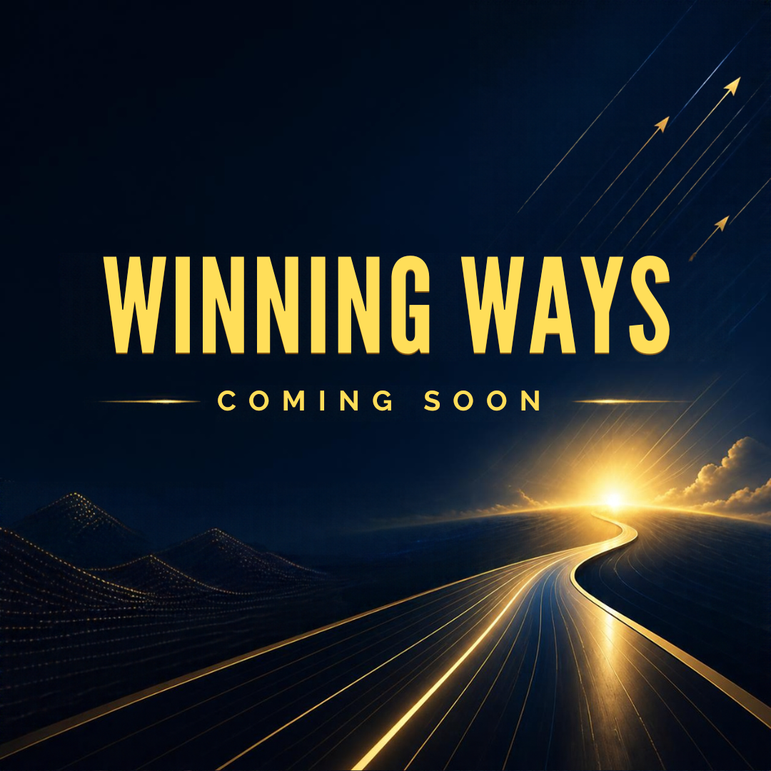 Promotional graphic for an upcoming event titled 'Winning Ways,' featuring a futuristic road leading towards a bright sunrise or sunset with upward arrows in the sky, set against a dark blue background.
