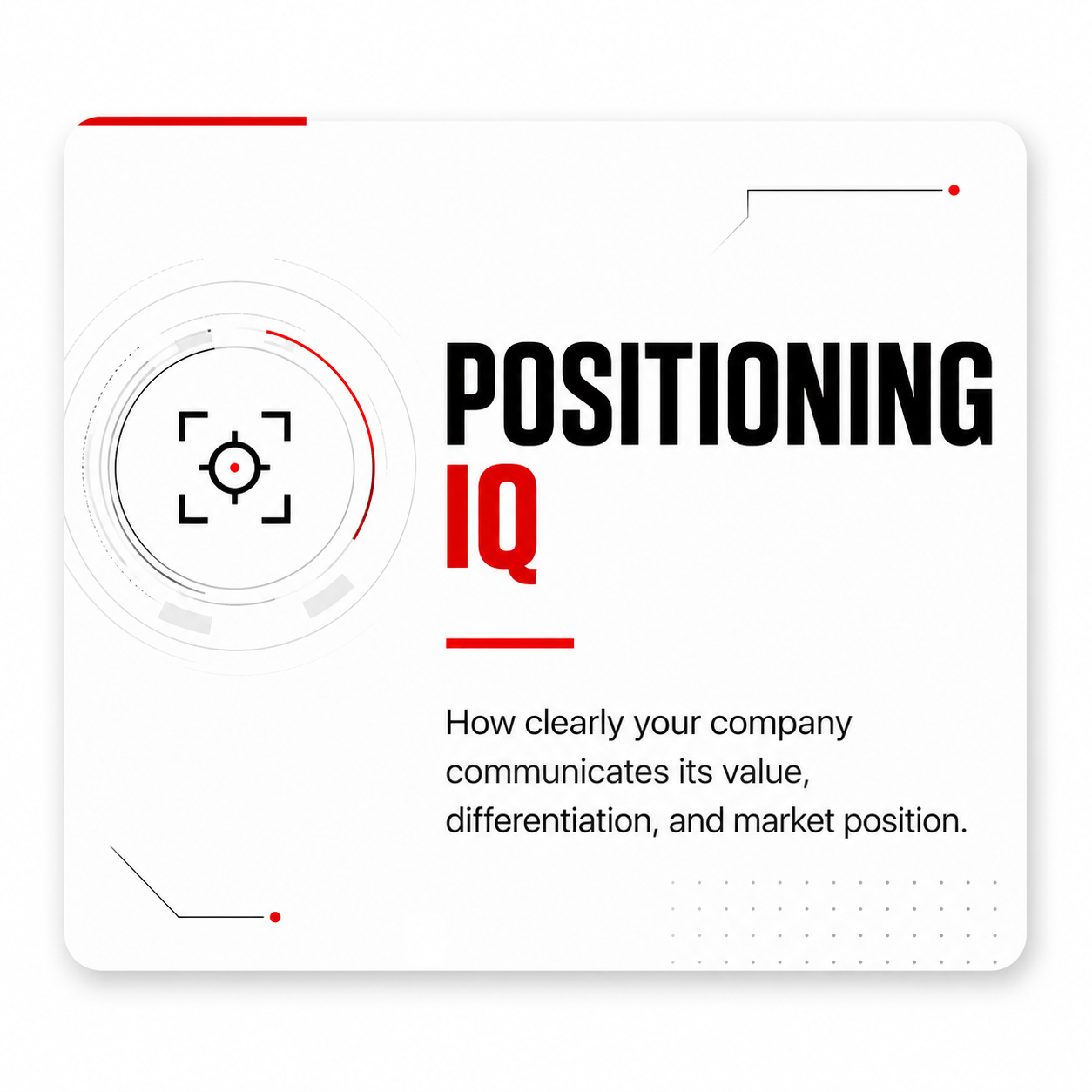 Design with a radar graphic and the text 'Positioning IQ' and a subtitle about how clearly a company communicates its value, differentiation, and market position.