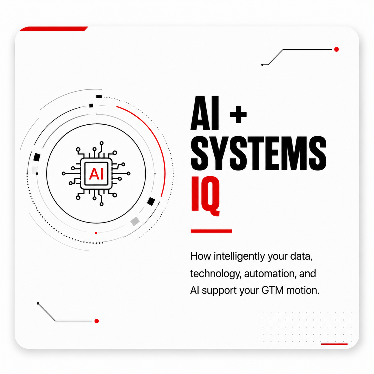 Graphic featuring a central icon of a microchip with 'AI' on it, surrounded by circular digital patterns, with the text 'AI + SYSTEMS IQ' and a subtitle about data, technology, automation, and AI supporting GTM motion.