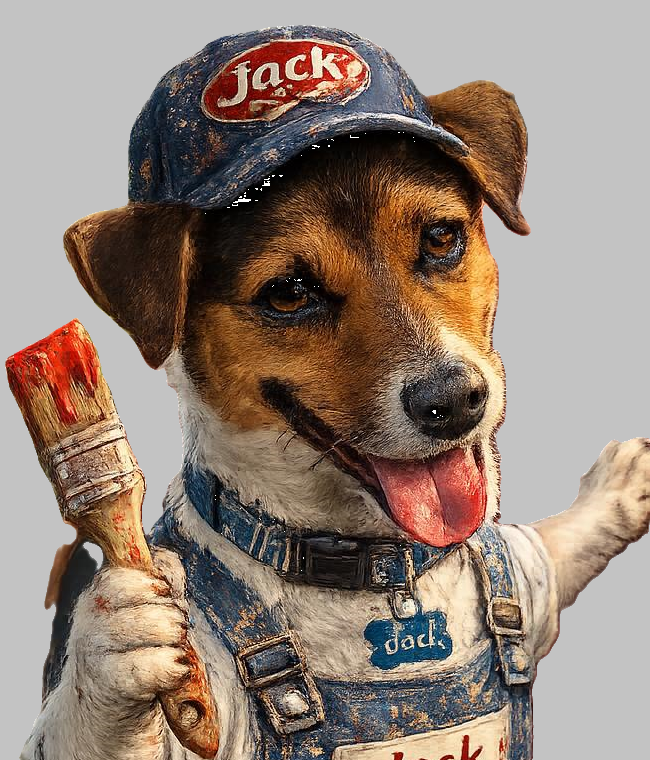 A dog wearing a blue cap labeled "Jack" and a blue overalls with a name tag. The dog is holding a paintbrush with red paint and has its tongue out.