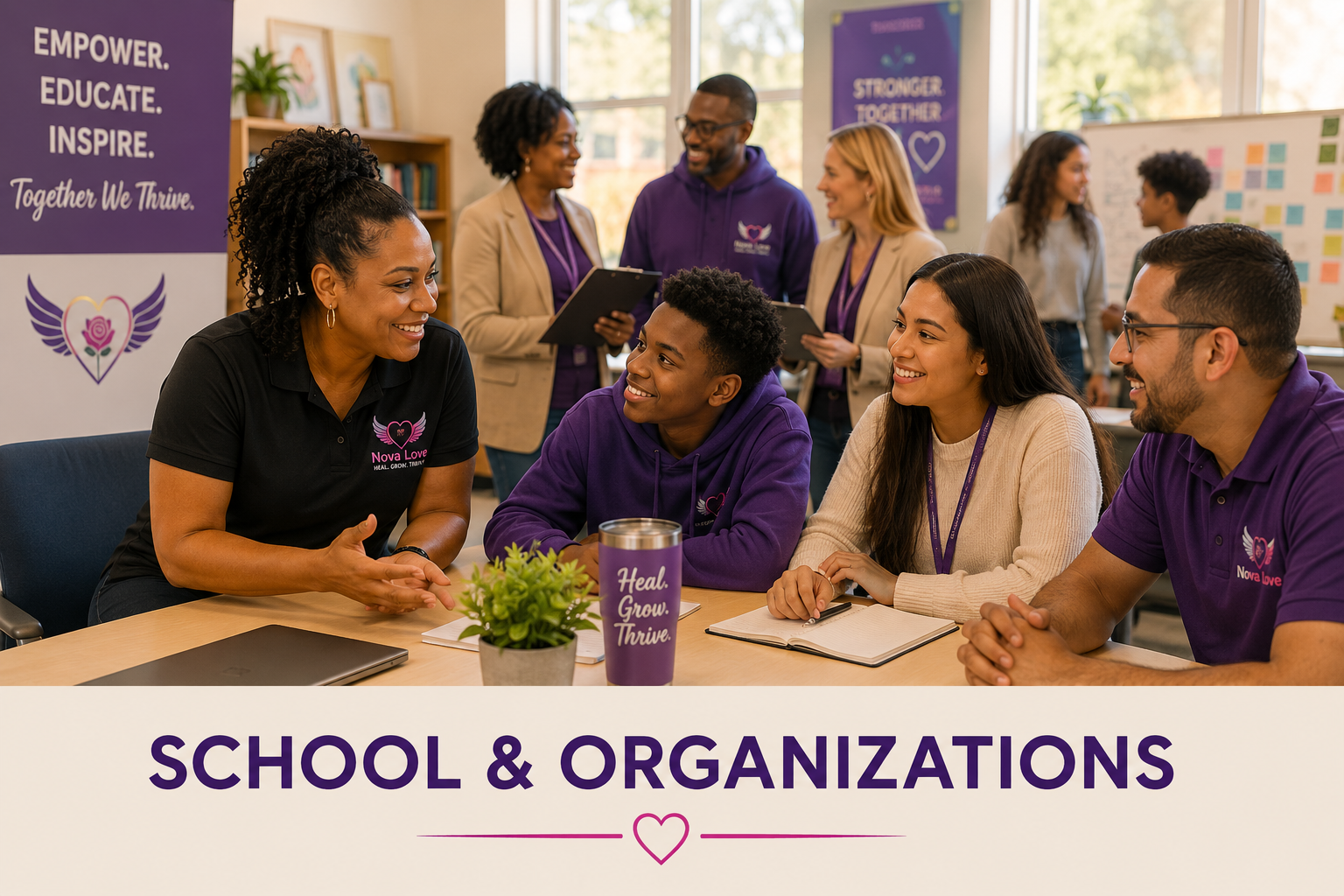 A diverse group of young adults and staff engaged in a discussion at a meeting about school and organizations. The setting is a bright, organized room with banners, whiteboards, and laptops, emphasizing community and empowerment.