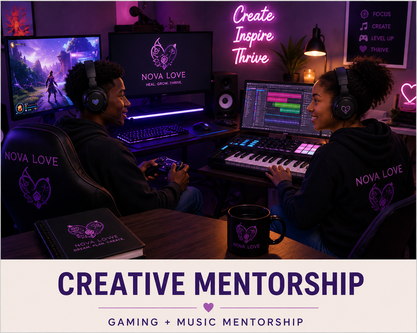 Two women wearing black hoodies with the Nova Love logo, sitting at a gaming and music studio, engaging in gaming and music production activities. The studio has multiple monitors displaying a video game and a digital audio workstation, neon signs with the words 'Create Inspire Thrive,' and various music equipment. There is a mug and a notebook with the Nova Love branding in the foreground.