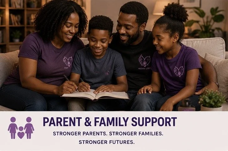 A family of four, including a mother, father, son, and daughter, sitting on a couch together, smiling and looking at a notebook. They are wearing matching purple and gray shirts with a logo. The background shows a cozy living room with bookshelves and plants. The text overlay reads, 'Parent & Family Support. Stronger parents. Stronger families. Stronger futures.'
