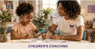A woman and girl working together at a table in a bright room, with a sign reading 'Children's Coaching' at the bottom.