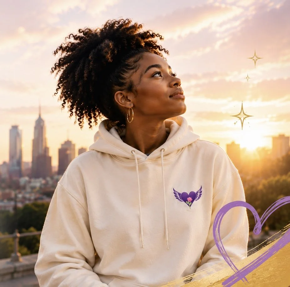 A young woman with curly hair and hoop earrings looks up at the sunset sky. She is wearing a beige hoodie with a heart and wing graphic on the chest, set against a city skyline backdrop with purple decorative elements.