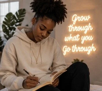 A woman sitting and writing in a notebook with a neon sign that reads 'Grow through what you go through' in the background.