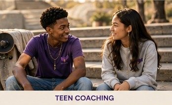 A teenage boy and girl sitting on outdoor steps engaged in conversation, with a speaker nearby, under a clear sky, labeled 'Teen Coaching'.