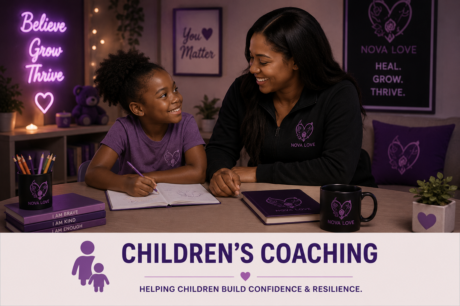 A woman and a young girl with dark curly hair smiling and talking at a table in a children's coaching room decorated with purple motivational signs, posters, and plush toys, with books and fun stationery on the table.