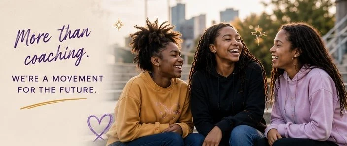Three women sitting outdoors, smiling and laughing together, with city buildings in the background, promoting a movement for the future.