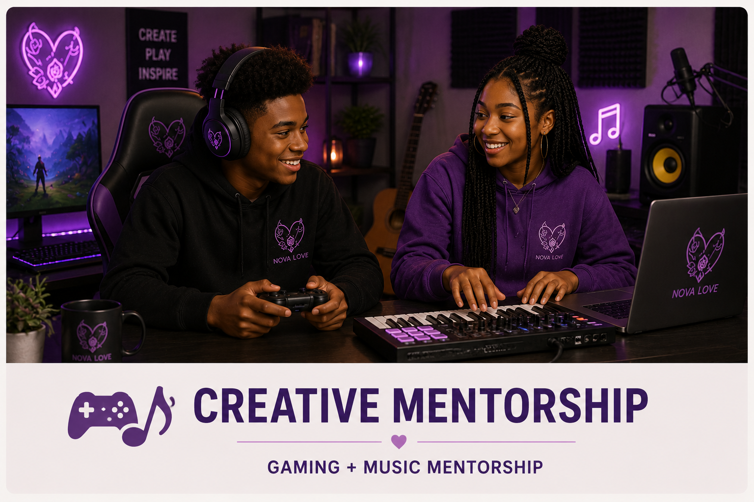 Two young women working on music and gaming in a room with purple neon lighting. One is holding a game controller, and the other is using a midi keyboard. They are wearing hoodies with a heart and rose logo and 'NOVA LOVE' text. The background features a computer monitor, studio speakers, and decorative elements.