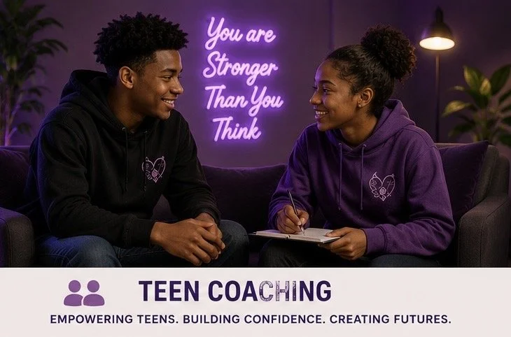 Two teenagers, a boy and a girl, sitting on a purple couch in a cozy room. The girl is holding a notebook and pen, smiling at the boy. Behind them, a neon sign reads, "You are Stronger Than You Think." There is a lamp and some green plants in the background. The image promotes teen coaching with the tagline, "Empowering Teens. Building Confidence. Creating Futures."