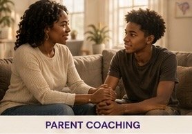 A woman and a young man sitting on a sofa engaged in a conversation, with the words 'Parent Coaching' at the bottom.