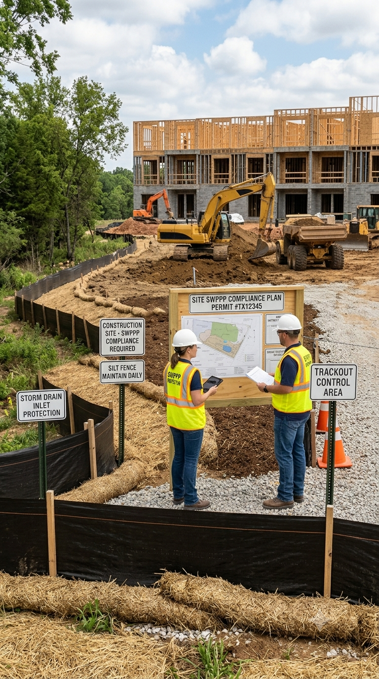 Construction site with two workers in safety vests and helmets reviewing plans near black silt fencing, with partially built multi-story wooden frame building, construction equipment, and signs indicating safety and compliance rules.
