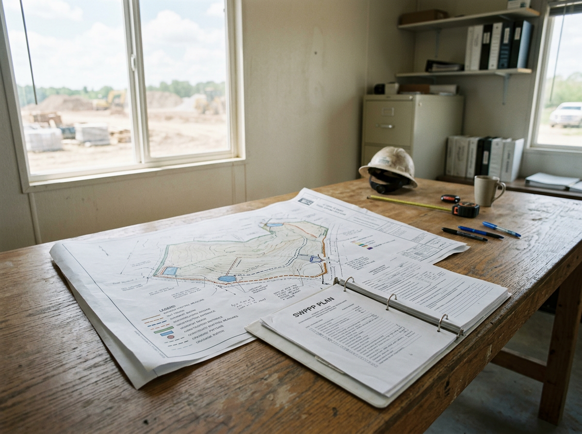Construction plans and documents laid out on a wooden table with pens, a measuring tape, a mug, a helmet, and a background view of a construction site seen through windows.