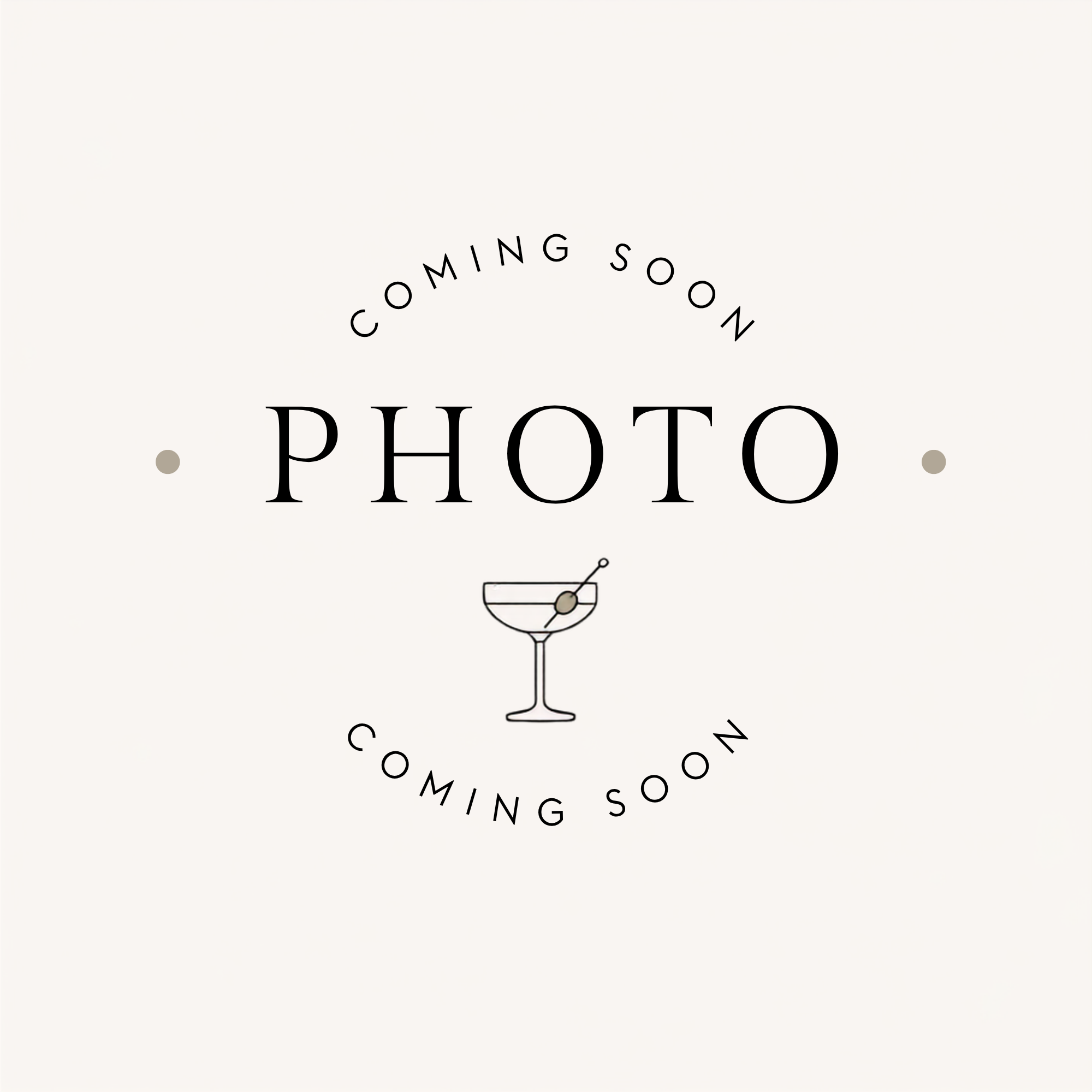 Text that reads 'COMING SOON' in a curved pattern above a simple line drawing of a cocktail glass with an olive on a toothpick inside.