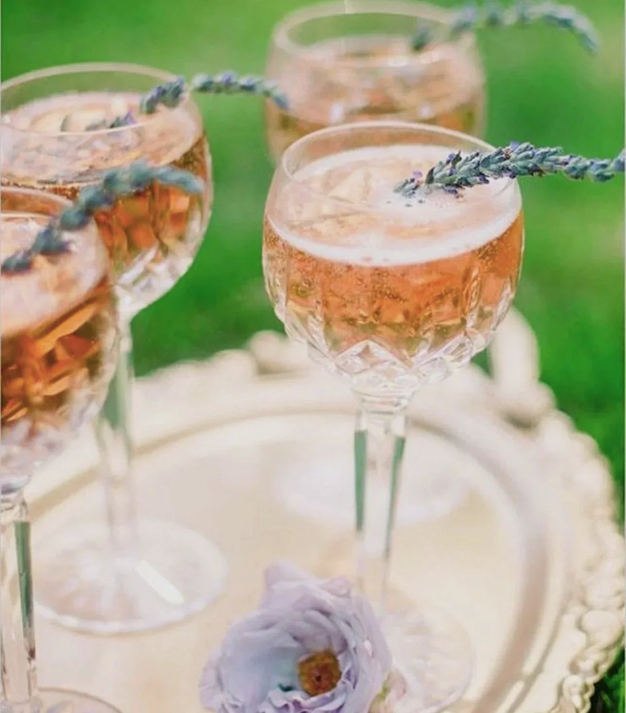 Tray of signature cocktails with fresh herb garnishes.