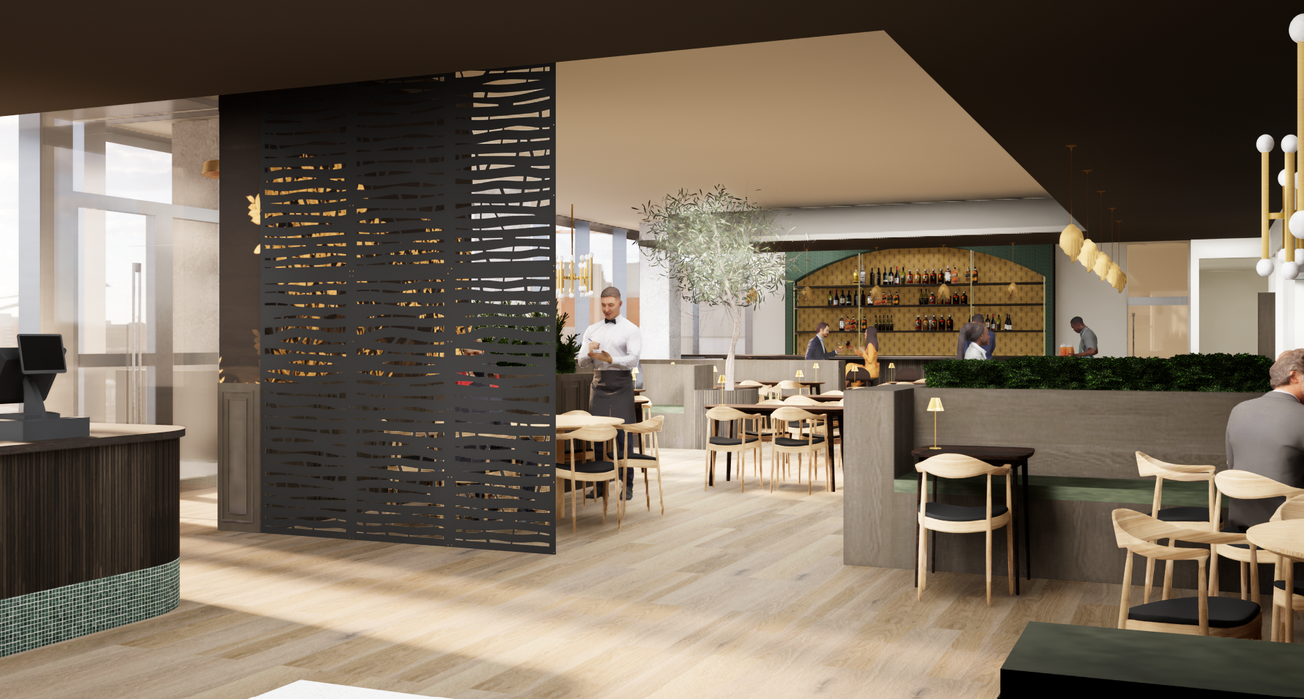Interior of a modern cafe with patrons and staff, featuring wooden flooring, a barista station with a coffee machine, and a large decorative wall with gold floral designs.