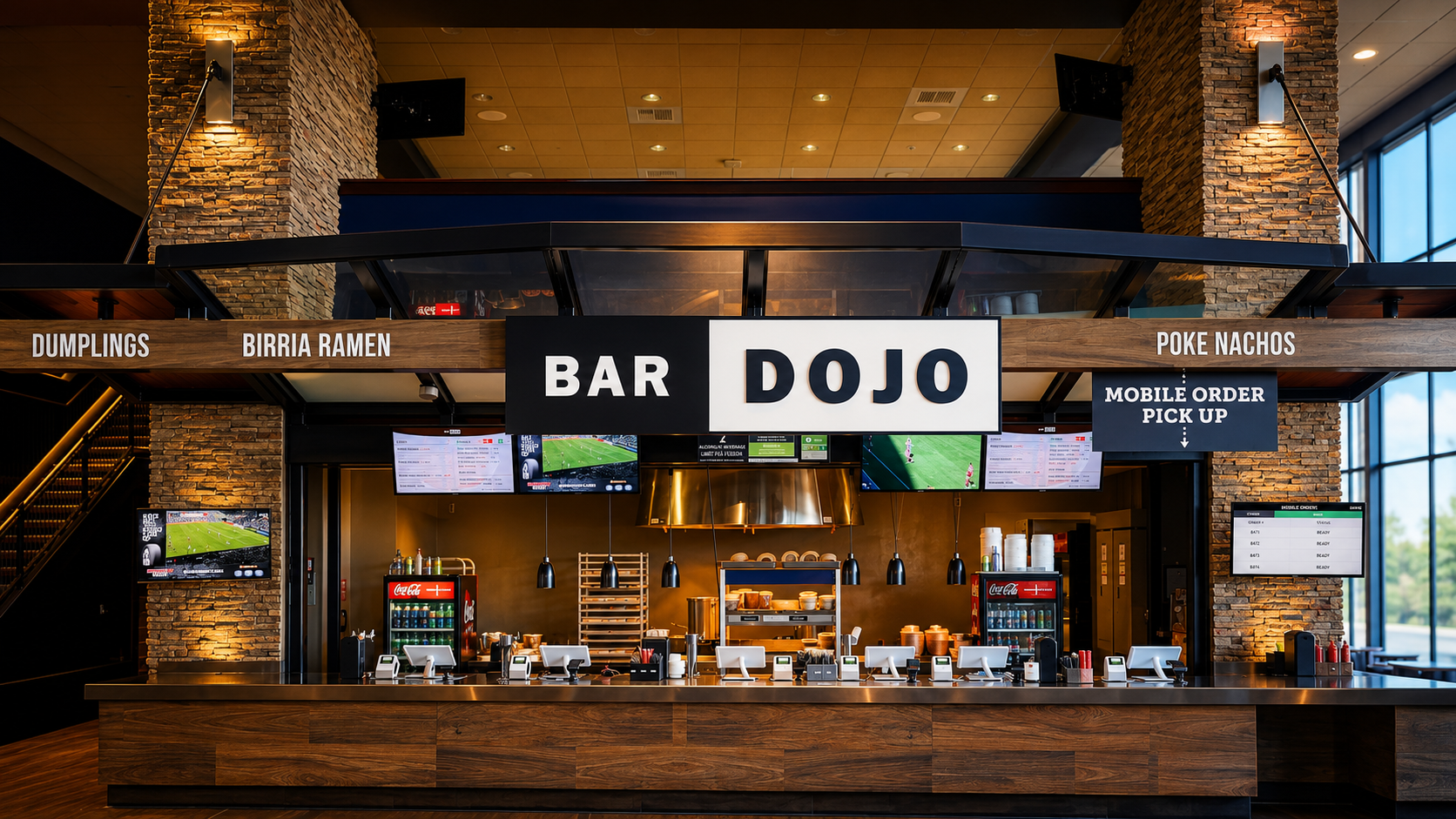 Inside a modern sports bar called Bar Dojo with a wood and brick design, featuring a counter with multiple cash registers, digital screens, a Coca-Cola fridge, and signage for food options like dumplings, birria ramen, poke nachos, and mobile order pickup.