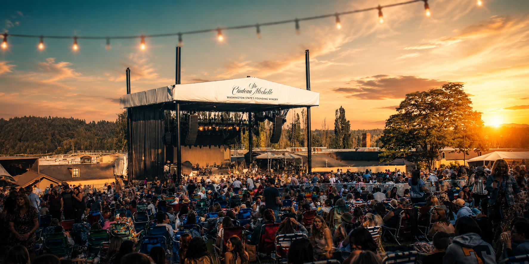 An outdoor concert at sunset with a large crowd seated on lawn chairs and blankets, a stage with speakers and lights, string lights overhead, trees, and hills in the background.