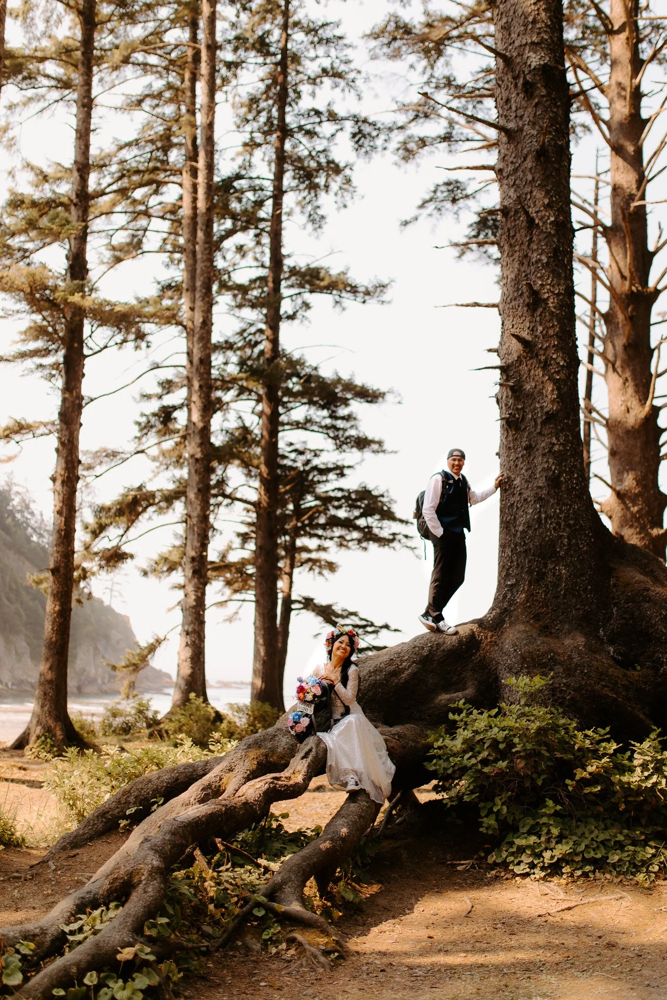 A bride and groom in wedding attire are on a large tree by the beach, with the groom standing on a branch and the bride sitting on a lower branch, holding a bouquet of flowers, surrounded by tall trees and natural scenery.