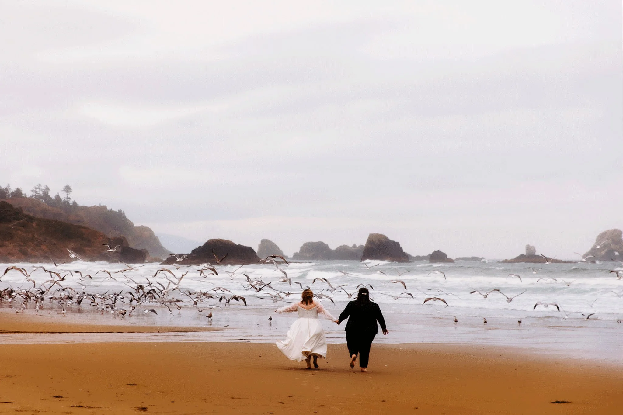 A couple holding hands and walking on the beach near the ocean, with many seagulls flying overhead and rocky cliffs in the background.