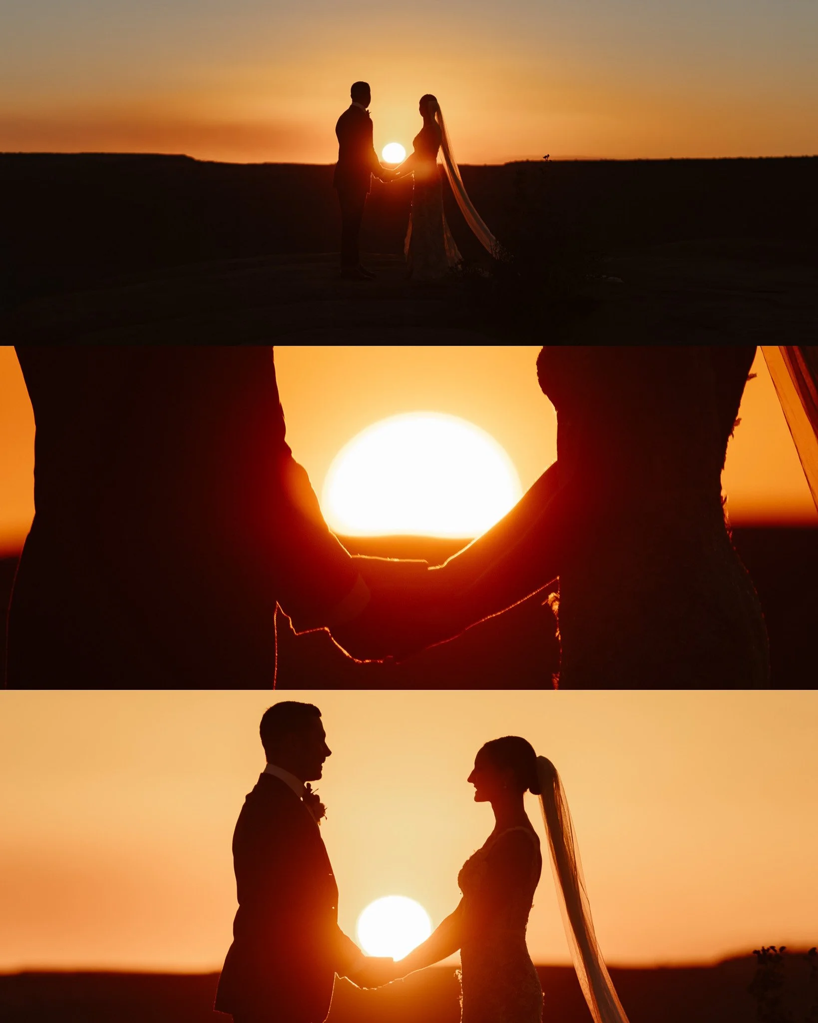 A couple dressed in wedding attire holding hands at sunset, with the sun positioned between them, creating a silhouette against a colorful sky.