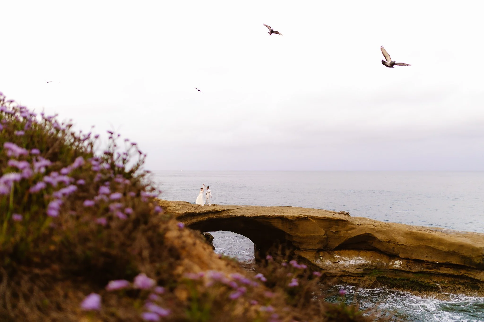 Couple in wedding attire standing on a rocky beach near a natural rock arch, with purple flowers in the foreground, ocean and sky in the background, birds flying overhead.