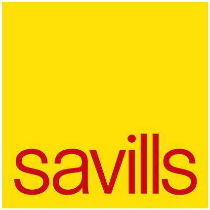 Yellow background with red text that reads 'savills' in lowercase letters.