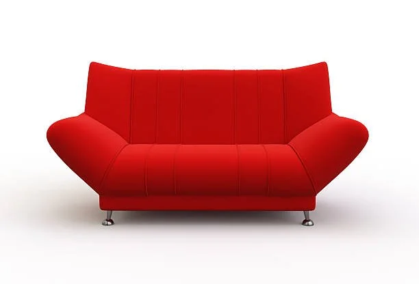 Red modern sofa with metal legs on a white background.