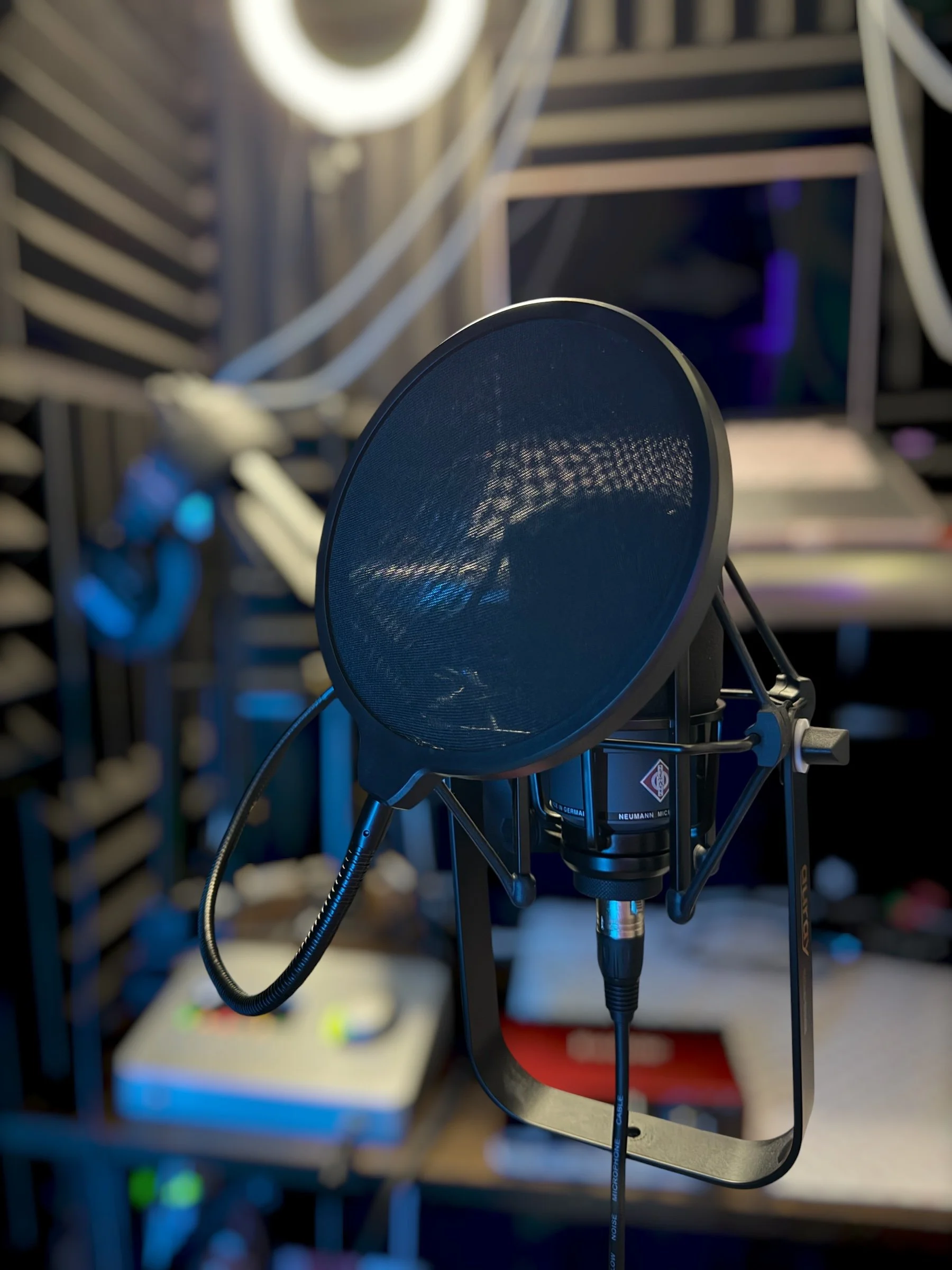 Professional studio microphone with pop filter on a stand in a recording studio, blurred background of audio equipment and soundproofing panels.