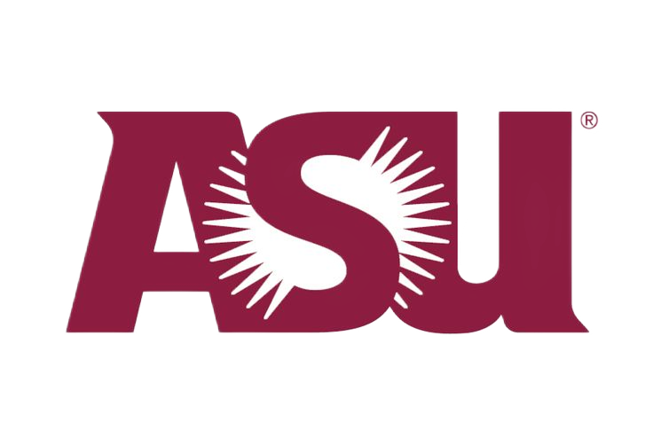 The ASU logo with maroon letters and a white sunburst design behind the 'S'.