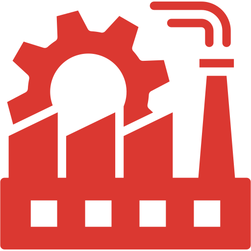 Icono de una fábrica con una turbina y un engranaje, representando la industria y la producción.