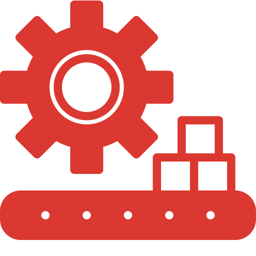 Icono de engranaje y cajas que representan procesos y producción en un entorno tecnológico o industrial.