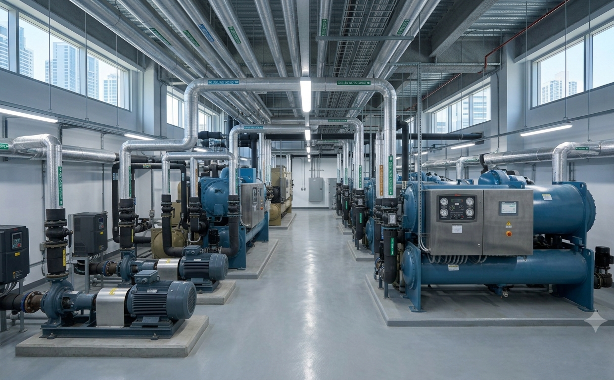 Soluciones HVAC. Sala de maquinaria industrial con tanques, tuberías y motores en un edificio moderno