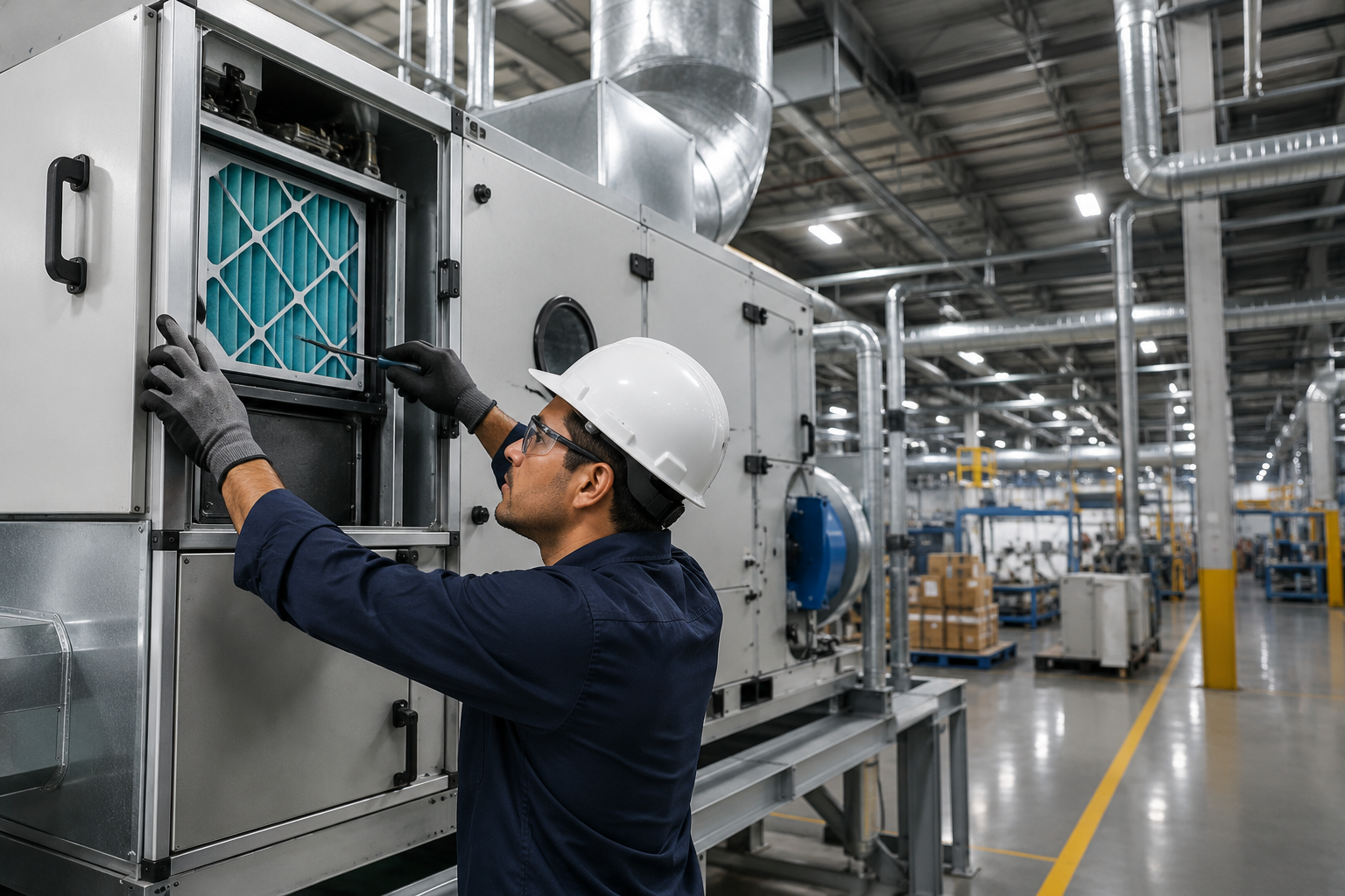 Un ingeniero trabaja en un sistema de aire acondicionado industrial en una fábrica. Soluciones HVAC.