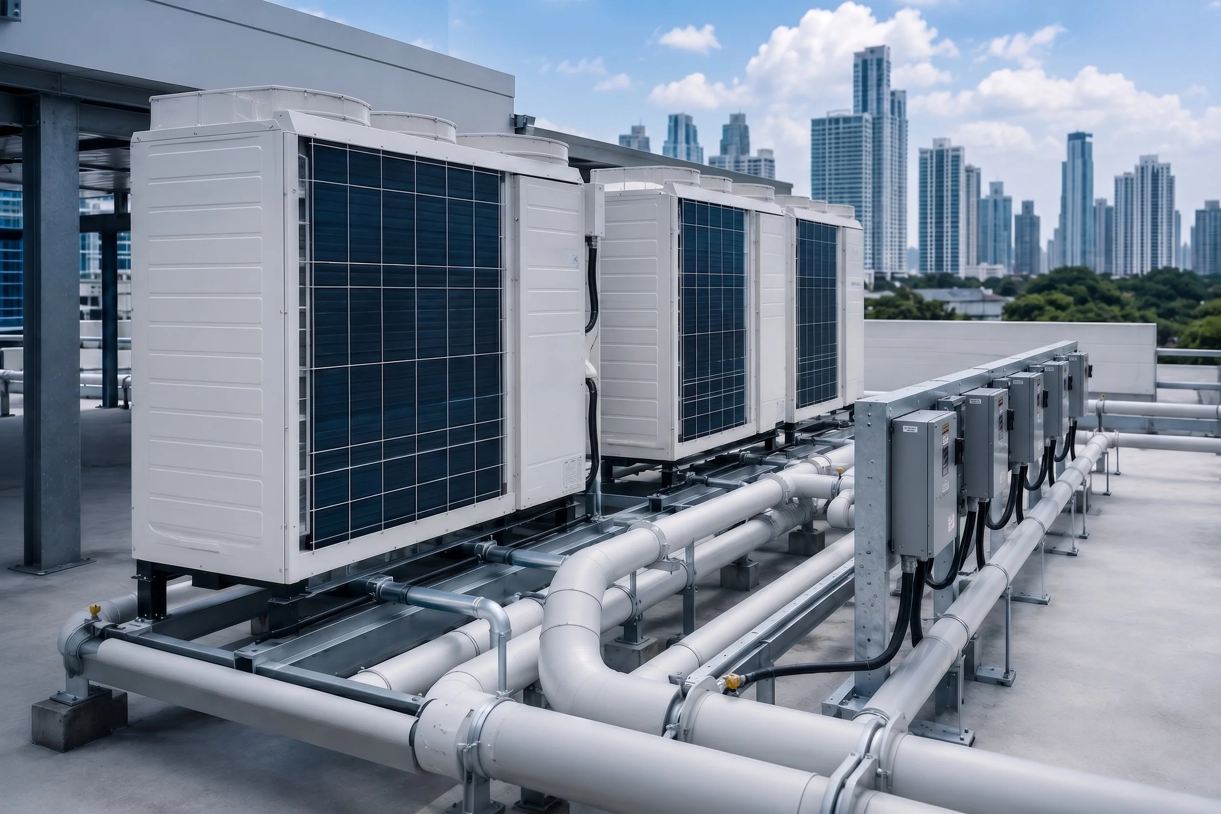 Un sistema de enfriamiento con unidades de HVAC aire acondicionado y múltiples tuberías en un techo de edificio alto, con un fondo de rascacielos y cielo con nubes.