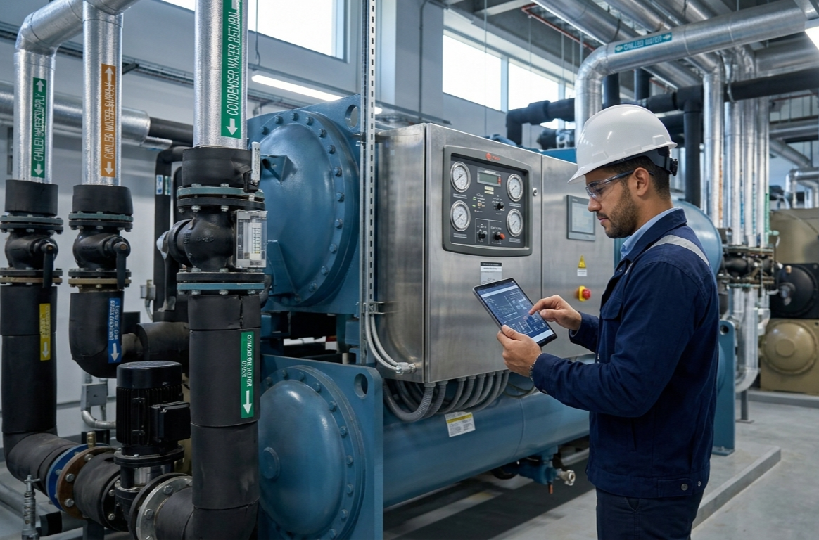 Ingeniero revisando una maquinaria industrial en una planta con tuberías y panel de control. Soluciones HVAC.