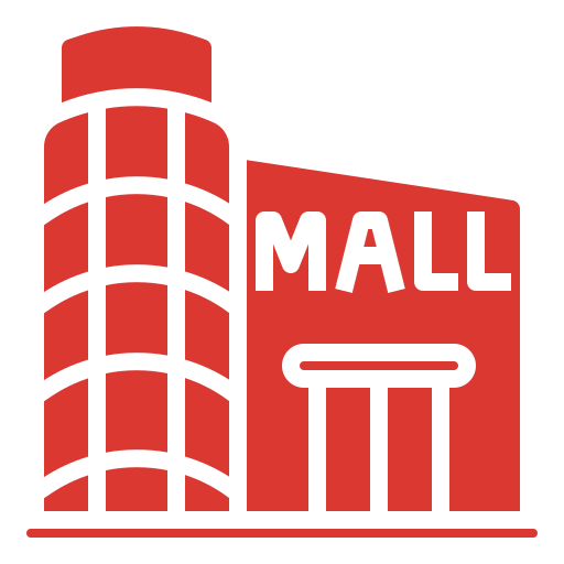 Icono de un centro comercial, mostrando un edificio alto y un cartel con la palabra 'MALL'.