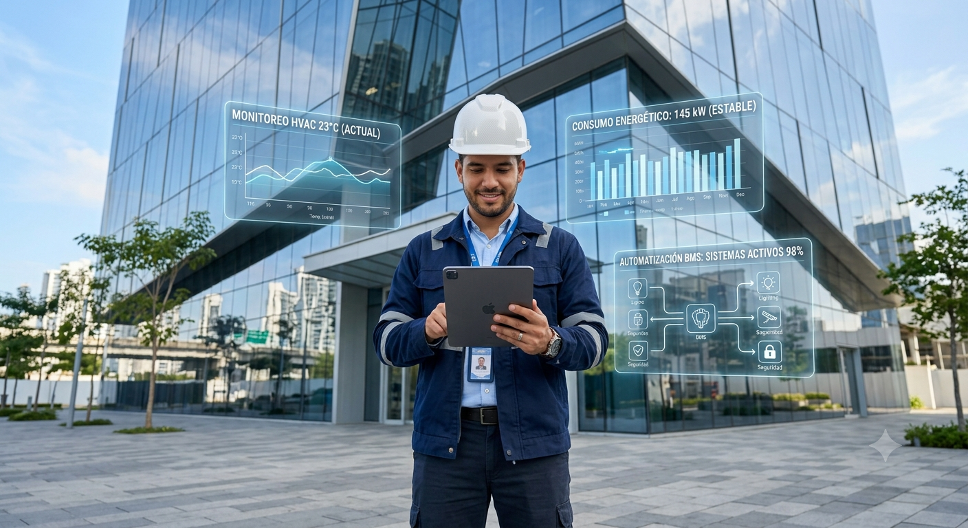 Hombre en casco de seguridad usando una tablet para sistemas hvac frente a un edificio de oficinas de cristal con gráficos digitales de monitoreo y automatización energética proyectados en el aire.