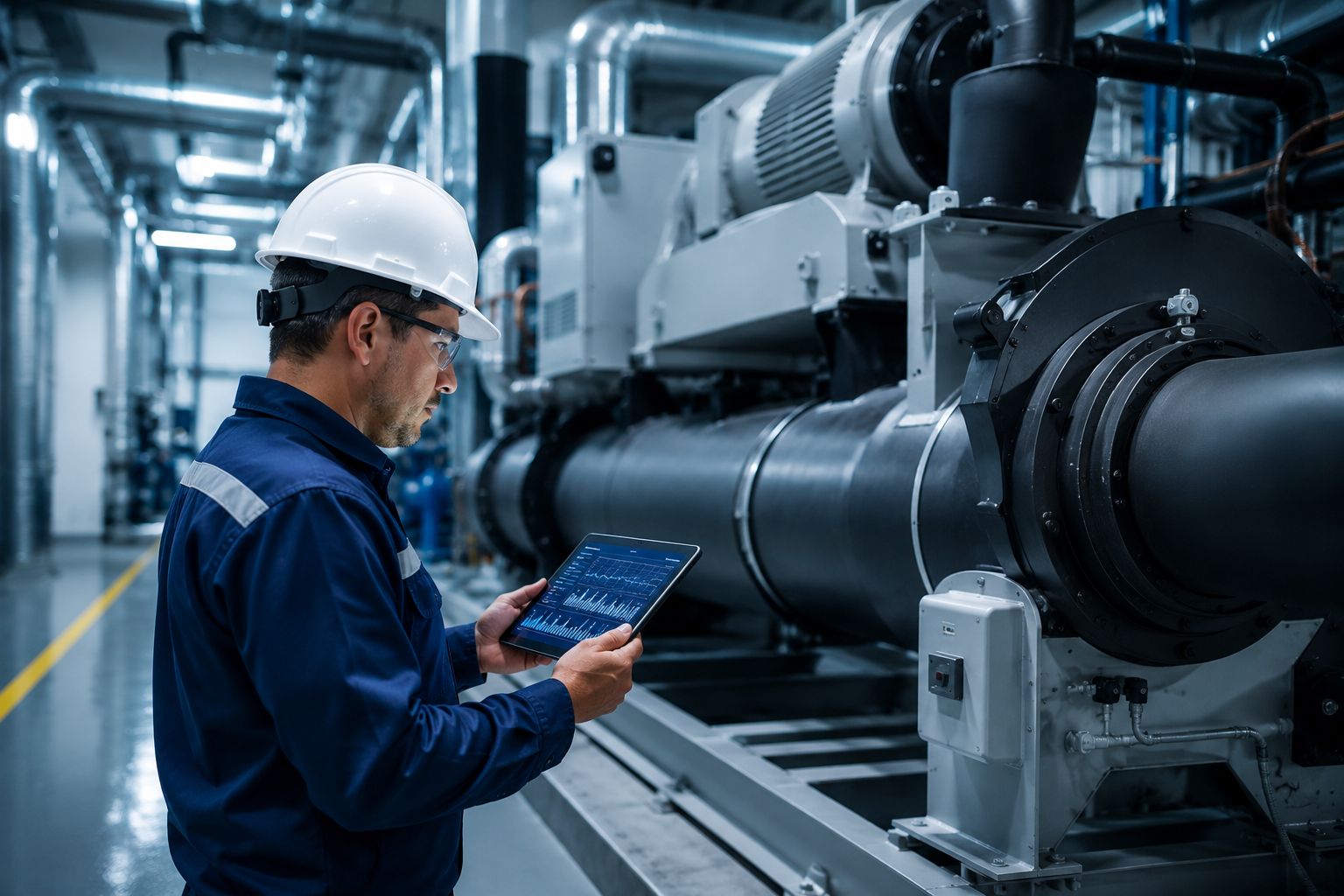 Ingeniero con casco y gafas revisando datos en una tableta en una planta industrial con maquinaria grande. Soluciones HVAC.