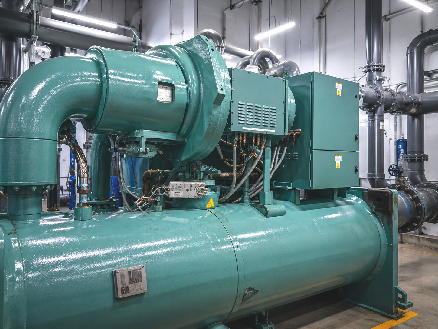 Imagen de una gran máquina industrial de color verde en un entorno de fábrica, con tuberías y componentes metálicos alrededor. Soluciones HVAC.