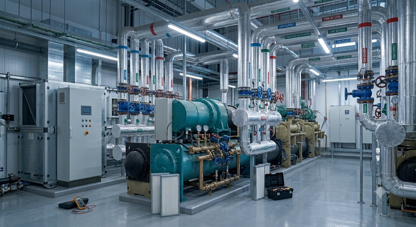 Sala de maquinaria industrial de sistemas hvac con tuberías de metal, bombas y equipos de control, en un ambiente de fábrica o planta de energía.
