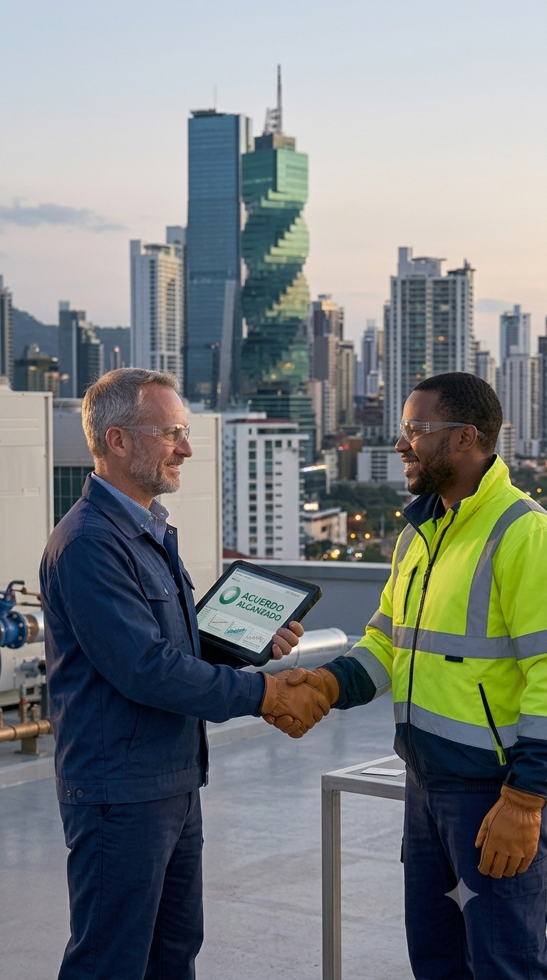 Dos hombres, uno en uniforme de trabajo y otro con gafas, se estrechan la mano en una azotea con vista a un skyline de edificios en una ciudad moderna. Soluciones HVAC.