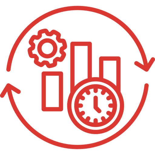 Icono de análisis de datos con gráficos, engranaje y reloj, representando gestión del tiempo y procesos.