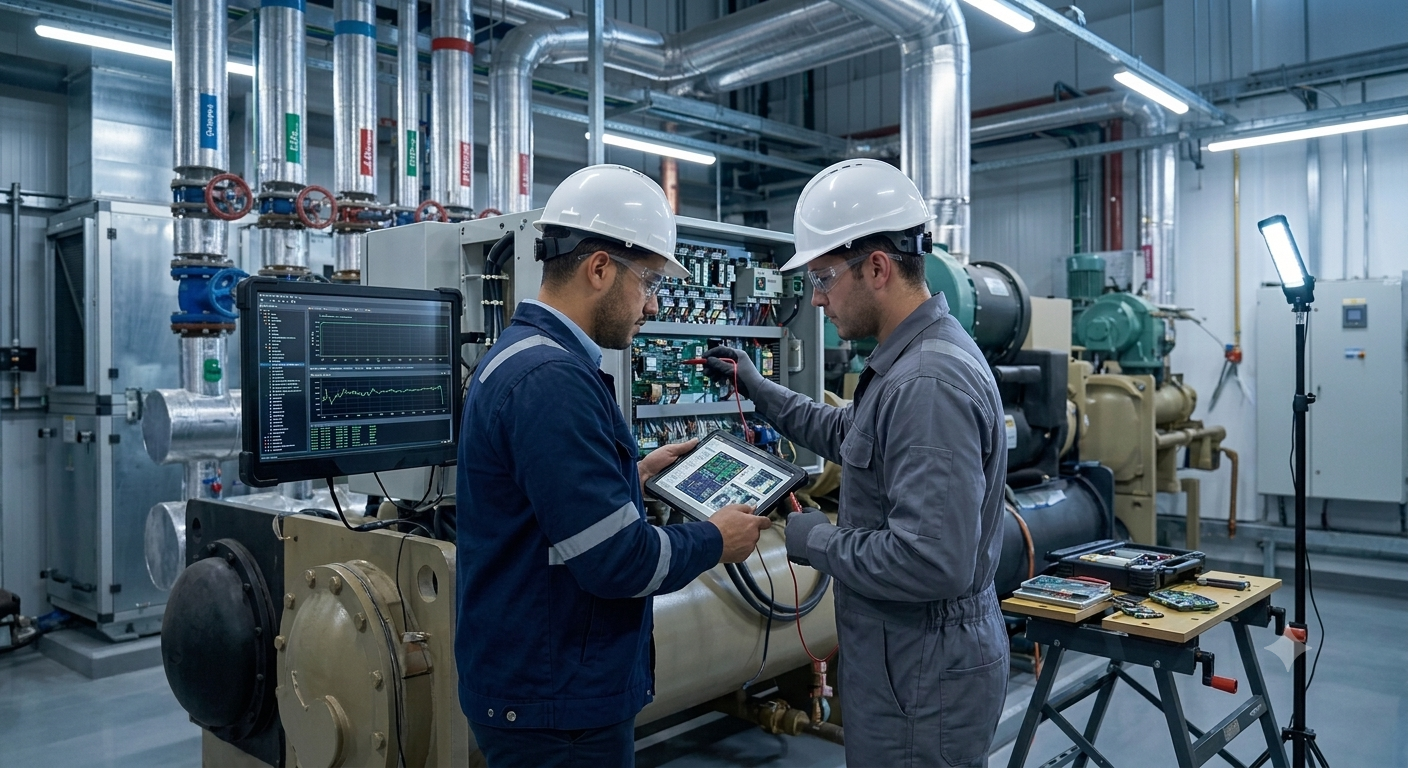 Dos técnicos en protección con cascos y gafas de seguridad inspeccionan un equipo industrial usando un equipo de diagnóstico en un entorno de centro de control de maquinaria. Soluciones HVAC.